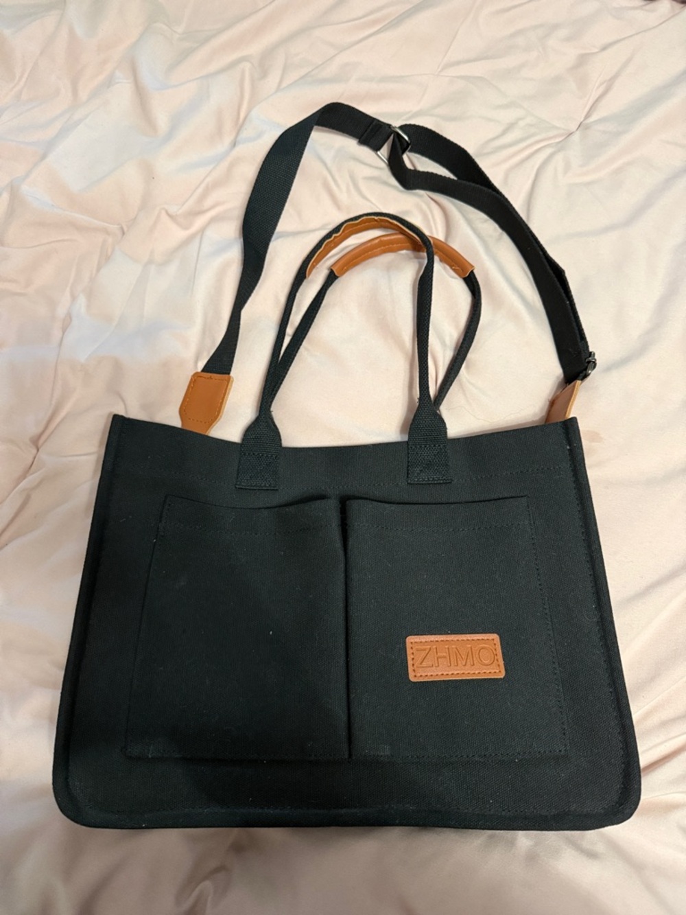 Black Canvas Tote Bag with Tan Accents